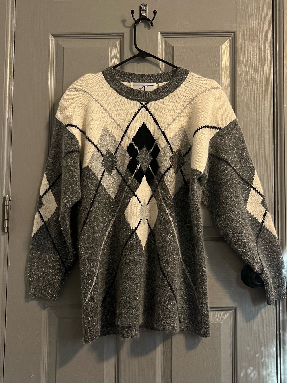 Accordeon Classic Gray White Argyle Crewneck Sweater Vintage 90s Silk Angora